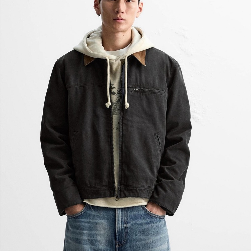 Viral men’s Zara black barn jacket “CONTRASTING COLLAR JACKET”